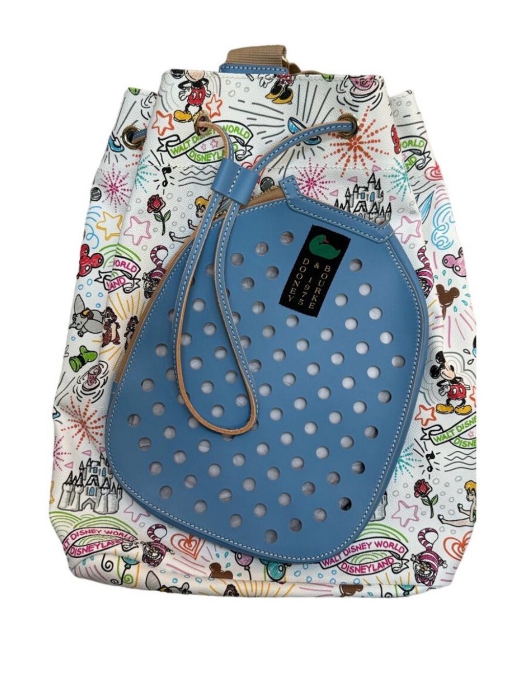 Dooney & Bourke Disney White Multicolor Drawstring Backpack with Blue Pouch